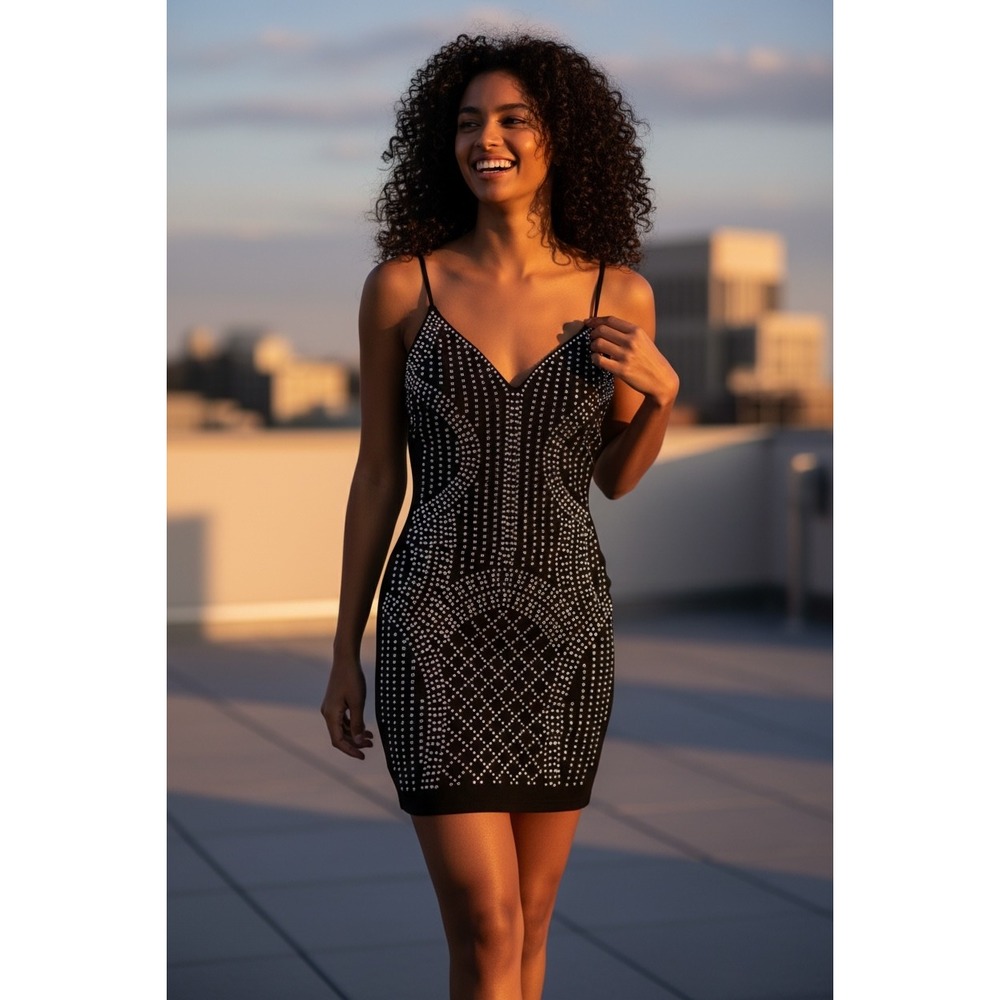 Windsor‎ Black Rhinestone Bodycon Mini Dress S | Sparkly Party Club Cocktail